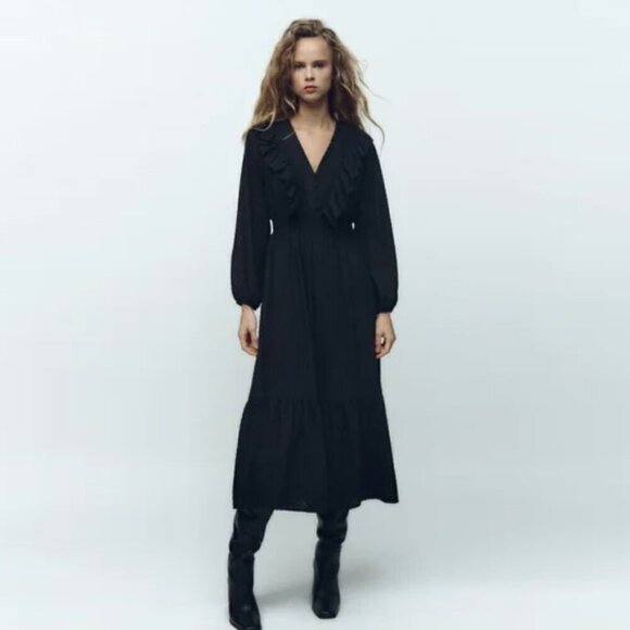 Zara Black Ruffle Tiered Midi Dress - Picture 1 of 13